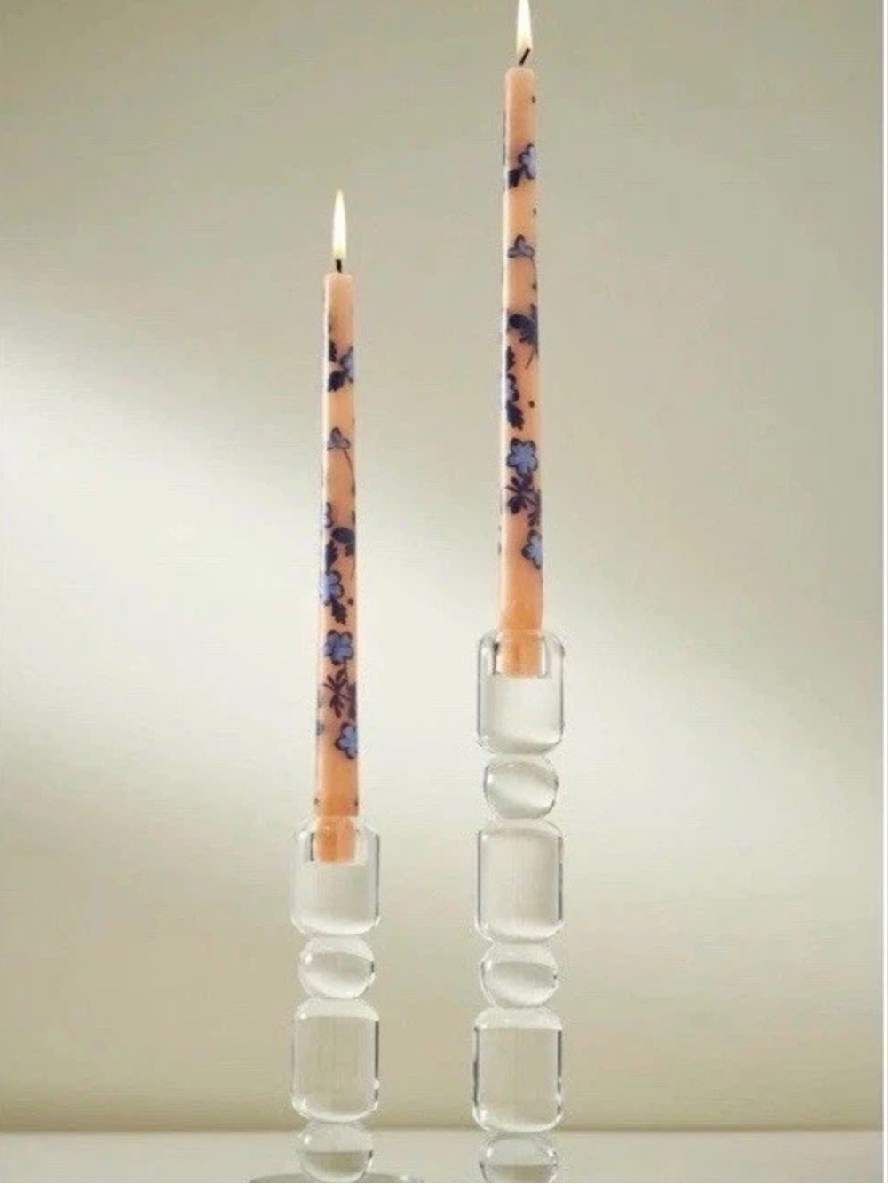 NIB Anthropologie Set Of 2 Hand Painted Taper Candles 12” Pink W/ Blue Floral